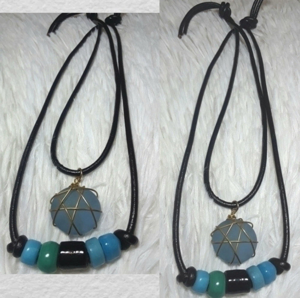Blue Bead Sky Stone Leather Cord Necklace Set